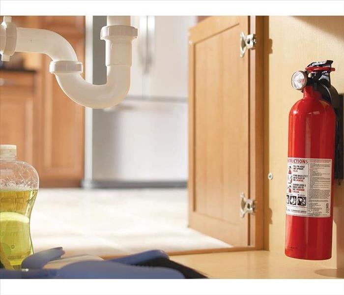Fire Extinguisher on side wall of cabinet under a sink